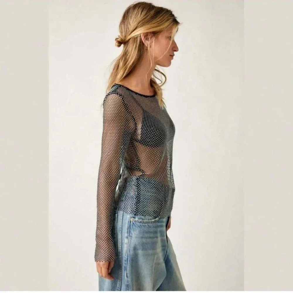 NEW Free People Filter Finish Long Sleeve Netted Rhinestone Top Navy Small